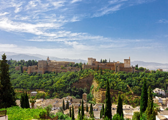 Fototapeta na wymiar lhambra palace at Granada, Spain. Panorama view on old medieval arab palace at Andalusia. Famous travel destination.