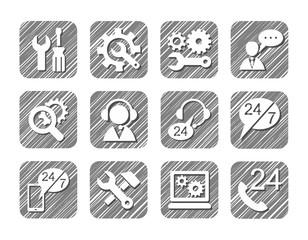 Technical support, icons, grey, shaded, vector. Repair and maintenance of electronics, gadgets and appliances. Hatch grey pencil simulation.  