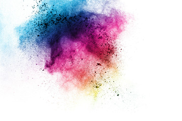 Painted powder explosion on white background. Multicolored dust explode for celebration or holiday...