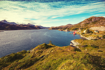 Panoramic view of the fjord and a fishing village. Lofoten islands, Norway