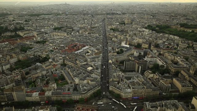 Luxembourg Palace and Saint-Sulpice church distant view from panoramic terrace of Tour Montparnasse in Paris skyline. French capital in Europe on Rue Rennes street. time lapse.
