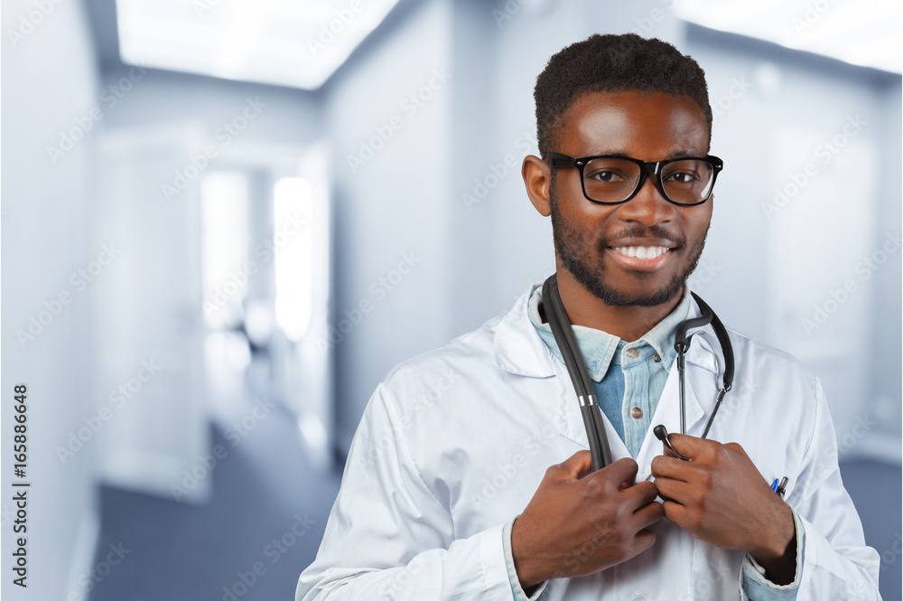 Poster African american medical doctor man.