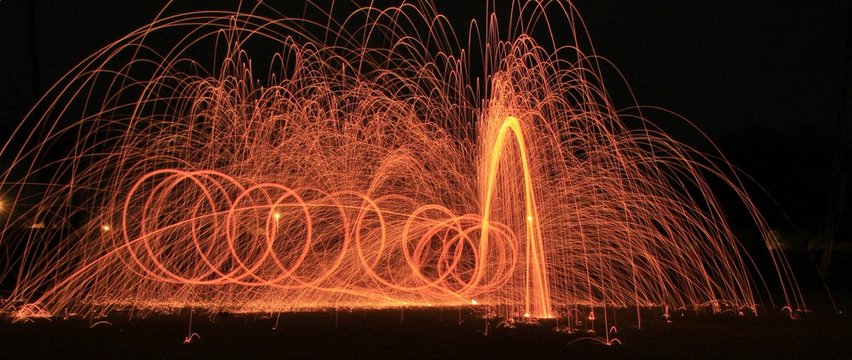 Spirals, loops and trails of light created with steel wool photography.