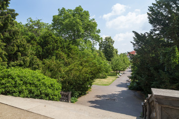 View of the empty Vojan Gardens (Vojanovy sady). It is a public garden at the Lesser Town (Mala Strana) in Prague, Czech Republic.
