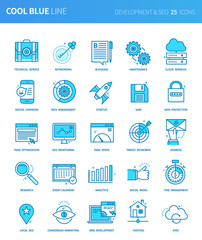 Modern thin line icons set of development & seo. Premium quality outline symbol set. Simple linear pictogram pack. Editable line series