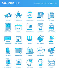 Modern thin line icons set of advertising media. Premium quality outline symbol set. Simple linear pictogram pack. Editable line series
