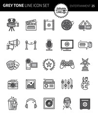 Modern grey tone thin line icons set of entertainment. Premium quality outline symbol set. Simple linear pictogram pack. Editable line series