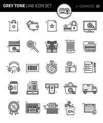 Modern grey tone thin line icons set of e-COMMERCE. Premium quality outline symbol set. Simple linear pictogram pack. Editable line series