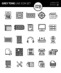 Modern grey tone thin line icons set of computer system. Premium quality outline symbol set. Simple linear pictogram pack. Editable line series