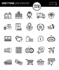 Modern grey tone thin line icons set of shopping & retail. Premium quality outline symbol set. Simple linear pictogram pack. Editable line series