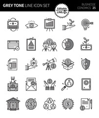 Modern grey tone thin line icons set of business economics. Premium quality outline symbol set. Simple linear pictogram pack. Editable line series