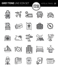 Modern grey tone thin line icons set of  hotel & travel. Premium quality outline symbol set. Simple linear pictogram pack. Editable line series