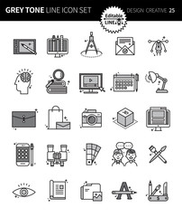 Modern grey tone thin line icons set of design creative. Premium quality outline symbol set. Simple linear pictogram pack. Editable line series