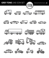 Modern grey tone thin line icons set of transportation. Premium quality outline symbol set. Simple linear pictogram pack. Editable line series © pixome