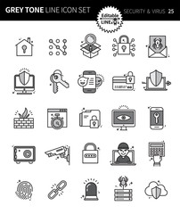 Modern grey tone thin line icons set of security & virus. Premium quality outline symbol set. Simple linear pictogram pack. Editable line series