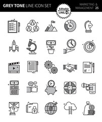 Modern grey tone thin line icons set of marketing & management. Premium quality outline symbol set. Simple linear pictogram pack. Editable line series