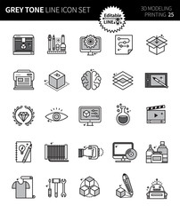 Modern grey tone thin line icons set of 3d modeling  printing . Premium quality outline symbol set. Simple linear pictogram pack. Editable line series