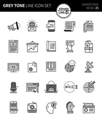 Modern grey tone thin line icons set of advertising media. Premium quality outline symbol set. Simple linear pictogram pack. Editable line series