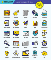 Modern retro thin line icons set of development & seo. Premium quality outline symbol set. Simple linear pictogram pack. Editable line series