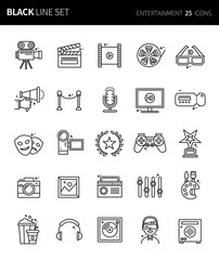 Modern thin black line icons set of entertainment. Premium quality outline symbol set. Simple linear pictogram pack. Editable line series