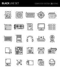 Modern thin black line icons set of computer system. Premium quality outline symbol set. Simple linear pictogram pack. Editable line series
