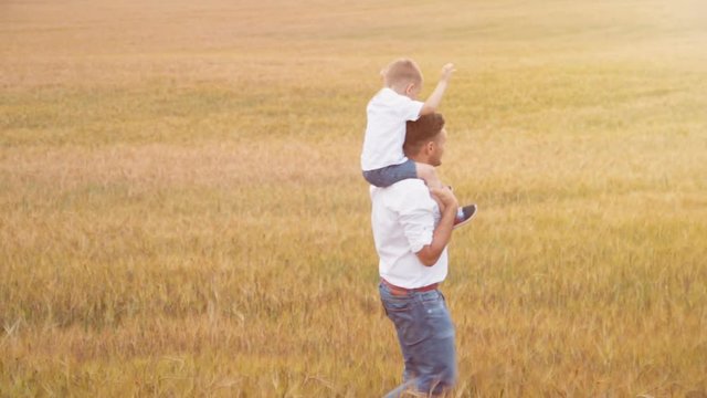 Happy father and little son walking in summer field and having fun.Son sits on his father's neck.Happy young family spending time together outside in green nature.