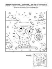 Winter holiday themed connect the dots picture puzzle and coloring page with owl wearing santa cap. Answer included.
