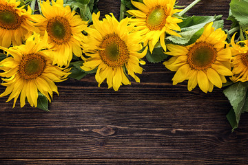 Obraz premium Yellow sunflowers on a dark wooden background. Copy space.