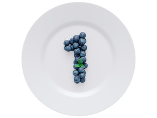 Blueberry font isolated on white ceramic dish. Number 1