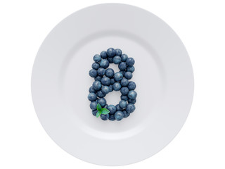 Blueberry font isolated on white ceramic dish. Number 8