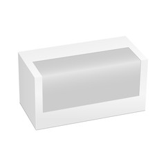 Rectangular box mockup with transparent window isolated on white background. Packaging for mobile phone accessories. Vector illustration