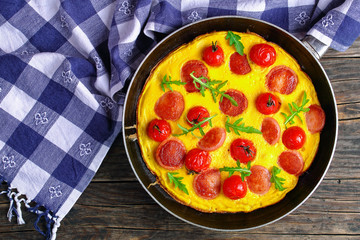 tasty omelette with sausages on skillet