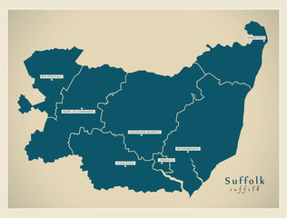 Naklejka premium Modern Map - Suffolk county with cities and districts England UK illustration