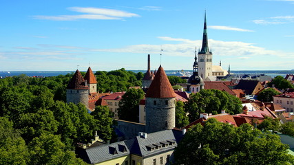 malerische Wehr- und Kirchtürme in Tallinn vom Domberg aus gesehen