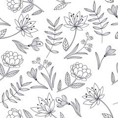 Vector seamless pattern with decorative flowers. Hand drawn botanical illustration. Ornamental floral texture