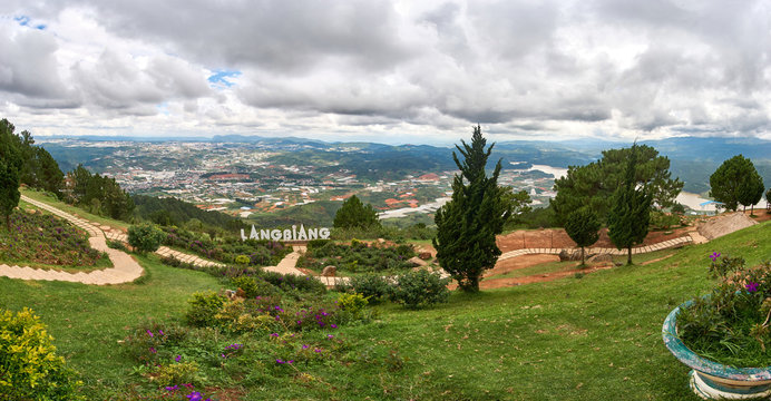 Huge Panorama from the mountain Lang Biang in Da-lat, Vietnam. Dramatic sky before the rain started.