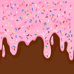 Pink cream frosting with colorful sprinkles melting on chocolate. Vector illustration background