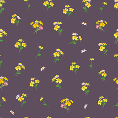 Seamless pattern with yellow flowers on a dark background. Rich floral texture for interior, tiles, textiles, scrapbook, packaging and various types of design