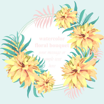 Tropical Paradise vector floral card. Summerl template design with palm leaves and exotic yellow flowers