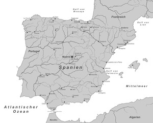 Spanien - Landkarte in Grau (beschriftet)