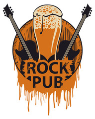 Vector banner for the pub with live music. Illustration with a beer glass, guitar and words rock pub in retro style