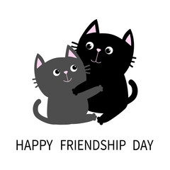 Happy Friendship Day. Black Gray Cat hugging couple. Hug, embrace, cuddle. Friends forever. Greeting card. Cute cartoon character. Kitty Whisker Baby pet White background. Isolated. Flat design