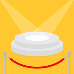 Red rope barrier stanchions turnstile facecontrol Round stage podium illuminated by spotlights. Empty pedestal for display. 3d realistic platform for design. Yellow background Template. Flat design