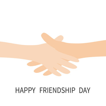 Happy Friendship Day. Handshake icon. Two hands arms reaching to each other. Shaking hands. Close up body part. Friends forever. Helping hand. White background Isolated. Flat design.