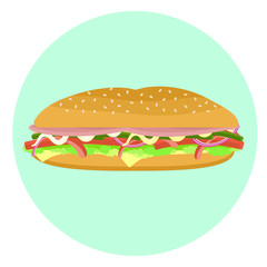 Flat vector delicious colorful big sub sandwich with bacon, lettuce, tomato, pepper, cheese, onion. Tasty cartoon colorful fastfood symbol for cafe, bar, restaurant menu design.