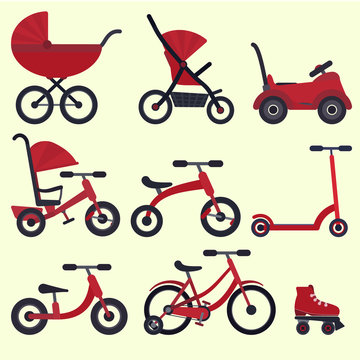 Flat Bright Red Baby Transport Set For Kids Since Birth Till School. Color Vector Childrens Transport - Carriage, Stroller, Bicycle, Bike, Scooter, Ride-on Car, Rollers