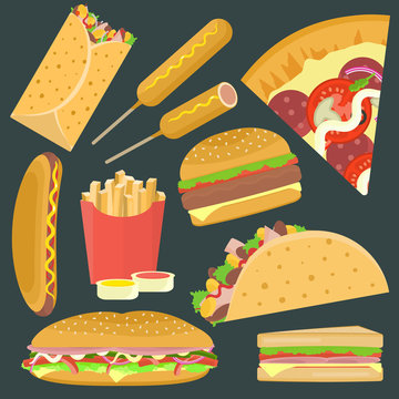 Flat bright vector fastfood icons set including hamburger, pizza, sandwich, taco. Tasty cartoon colorful fastfood symbols for cafe, bar, restaurant menu design.