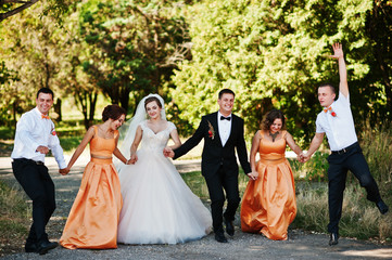 Beautiful wedding couple walking and having fun with groomsmen and bridesmaids in the park.