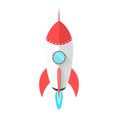 Cartoon red and white space rocket in a flat style is isolated on white background. Flies into space. Blue fire from a turbine rocket. Shining blue window