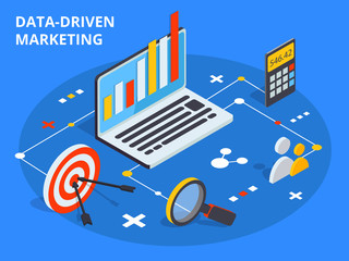 Data driven marketing concept in isometric design. Business growth analytics or strategy development. Vector illustration.